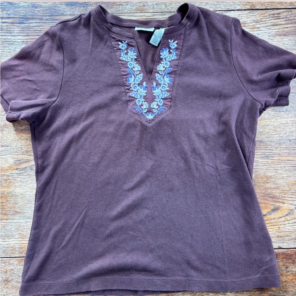 Classic Elements Brown Top with Blue Embroidery